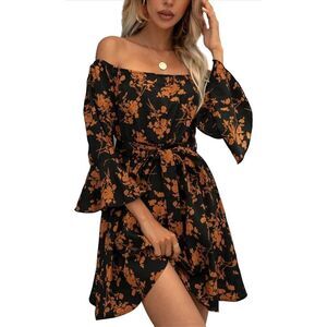 New Off Shoulder Ruffle Floral Mini Skater Dress S NO BELT
